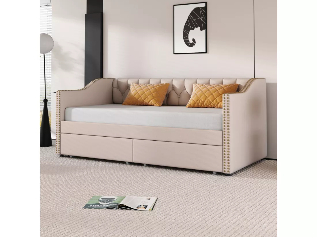 Lit banquette capitonné - 90 x 200 cm - 2 tiroirs - sommier à lattes - tissu beige