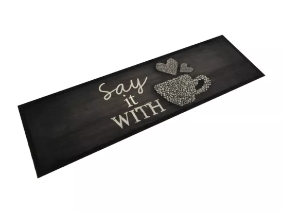Tapis de cuisine lavable imprimé tasse noir 45x150 cm velours