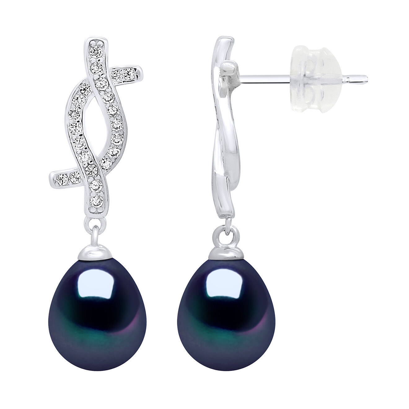 Mitzuko Boucles d'oreilles pendantes Argent & Perles d'Eau Douce poires noires