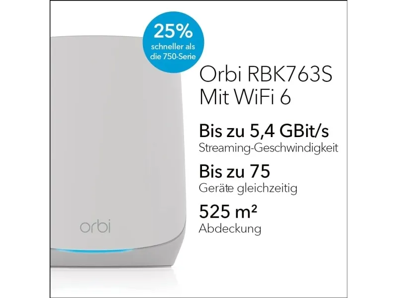 NETGEAR Orbi RBK763S - Wi-Fi-system - (router, 2 extendere) - op til 7500 sq.ft - mesh 1GbE - Wi-Fi 6 - Tri-Band