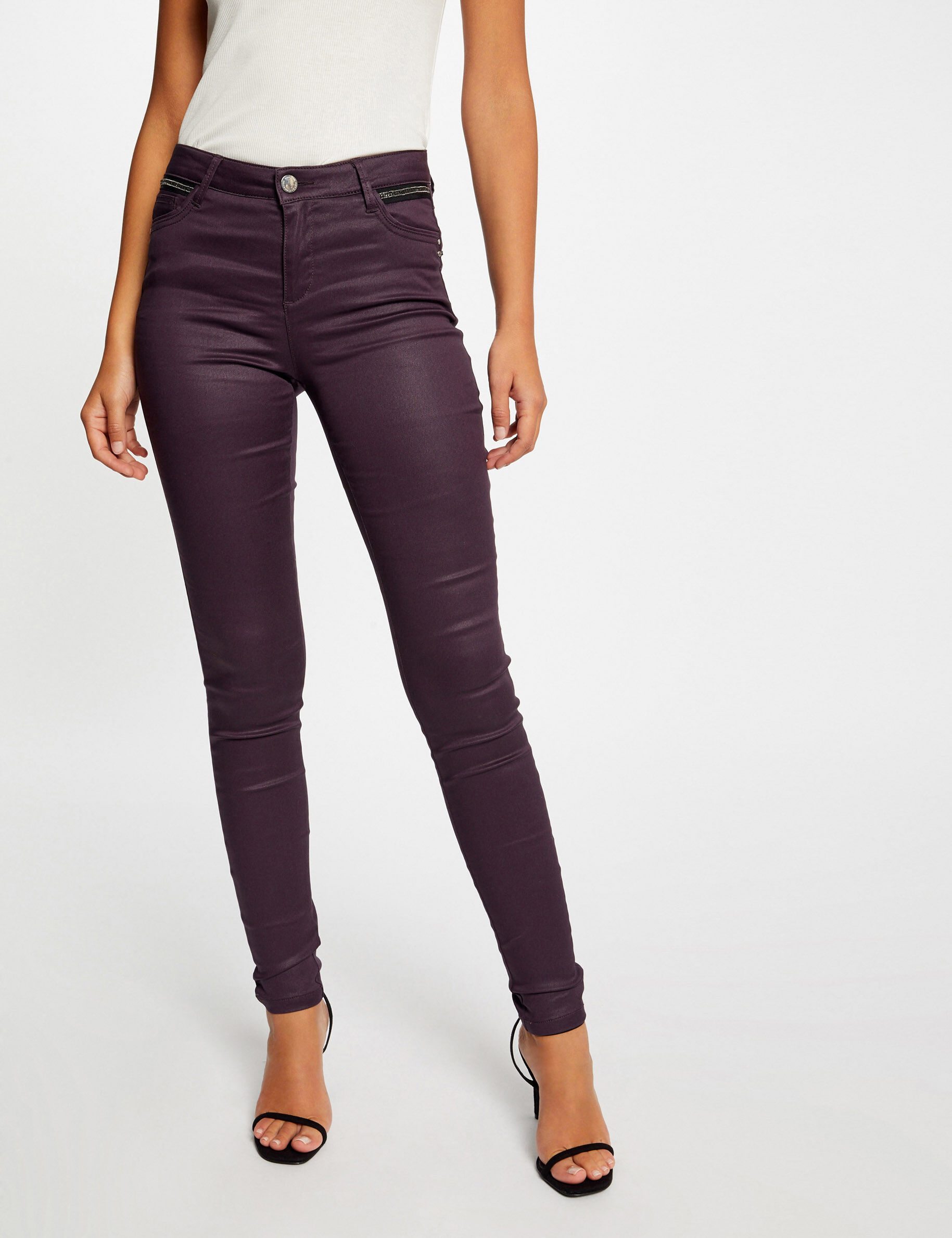 Pantalon skinny enduit à détails bijoux prune femme - prune