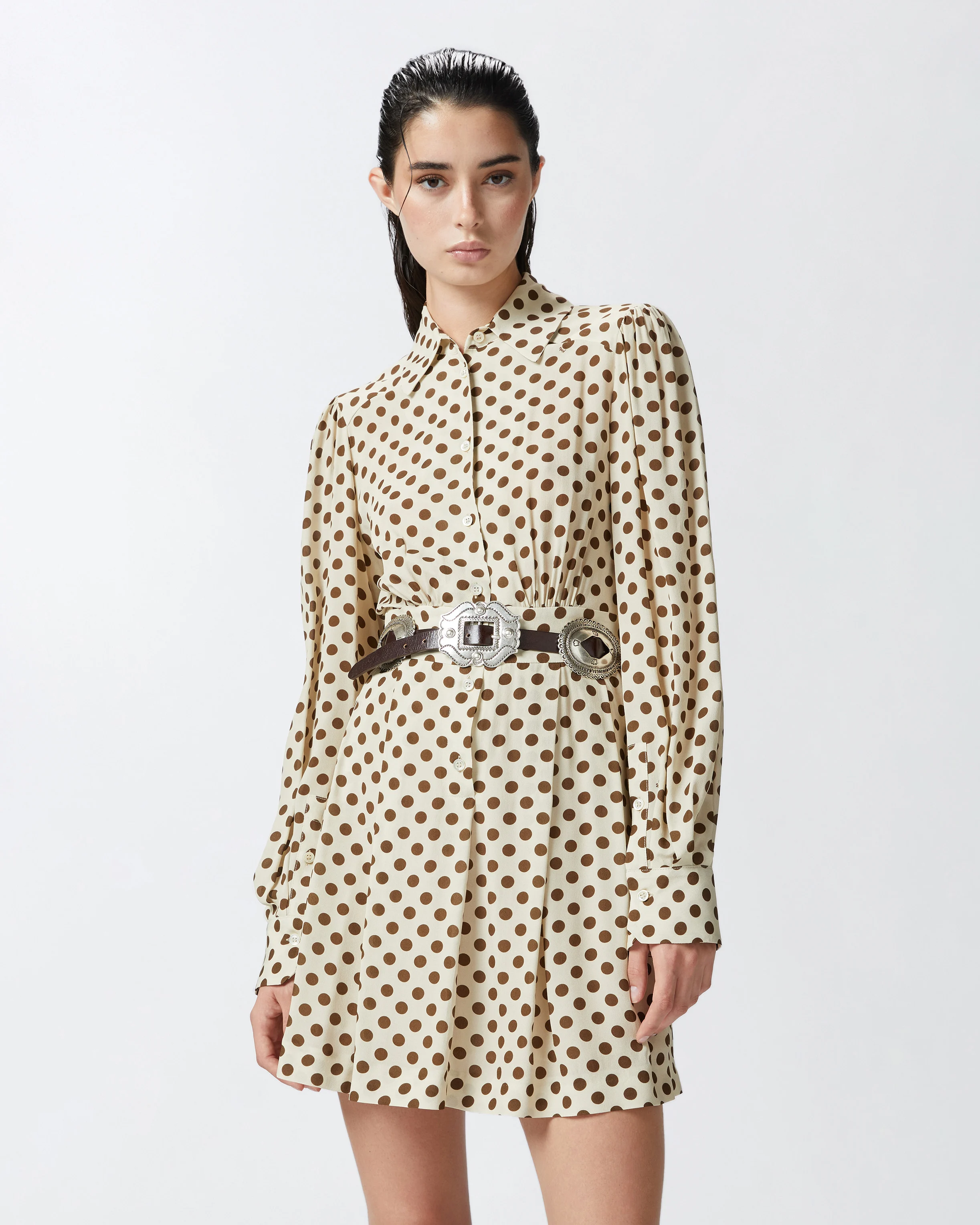 Robe chemise à pois | Beige