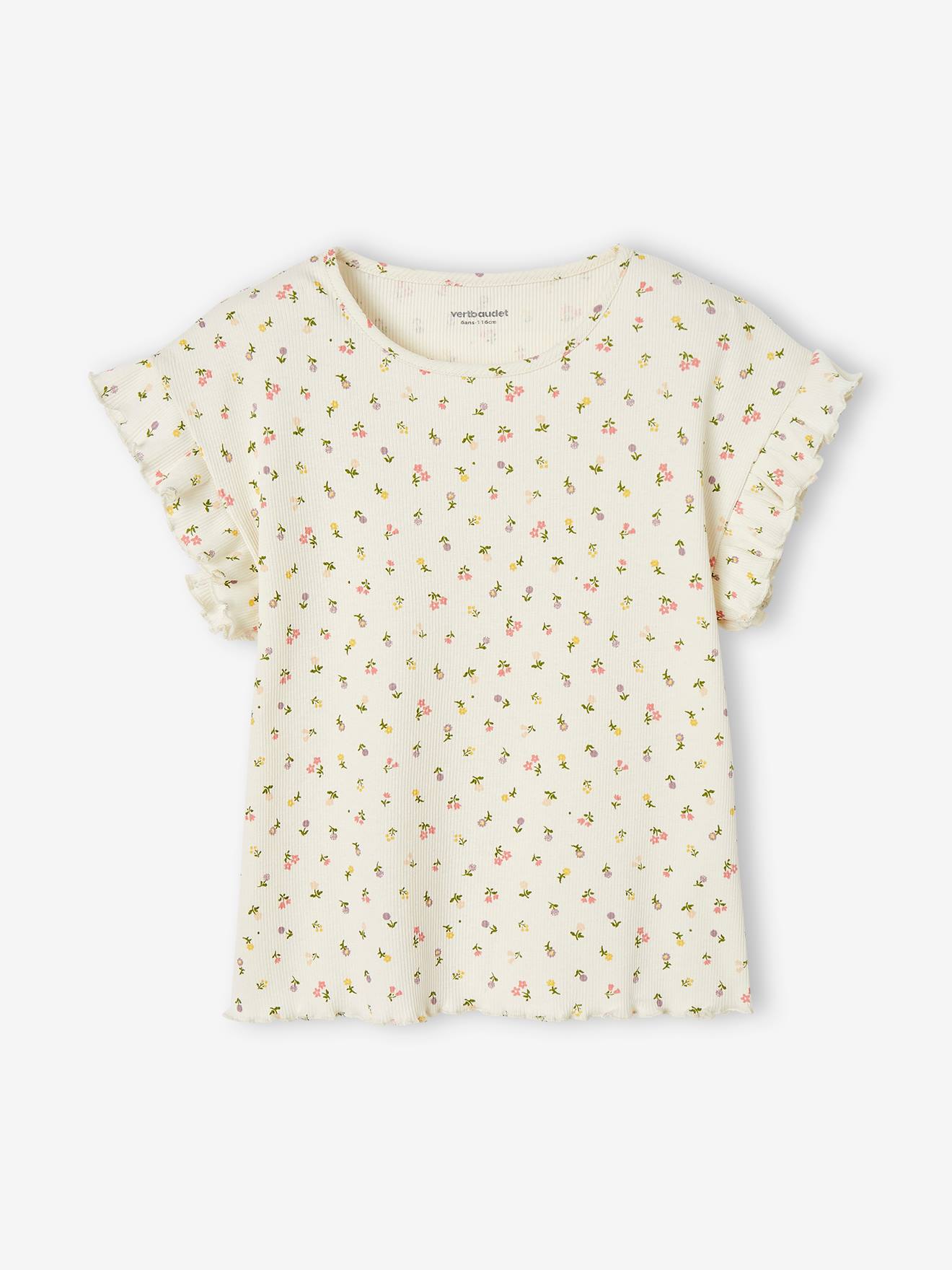 Camiseta canelada com estampa floral para meninas, cor cru