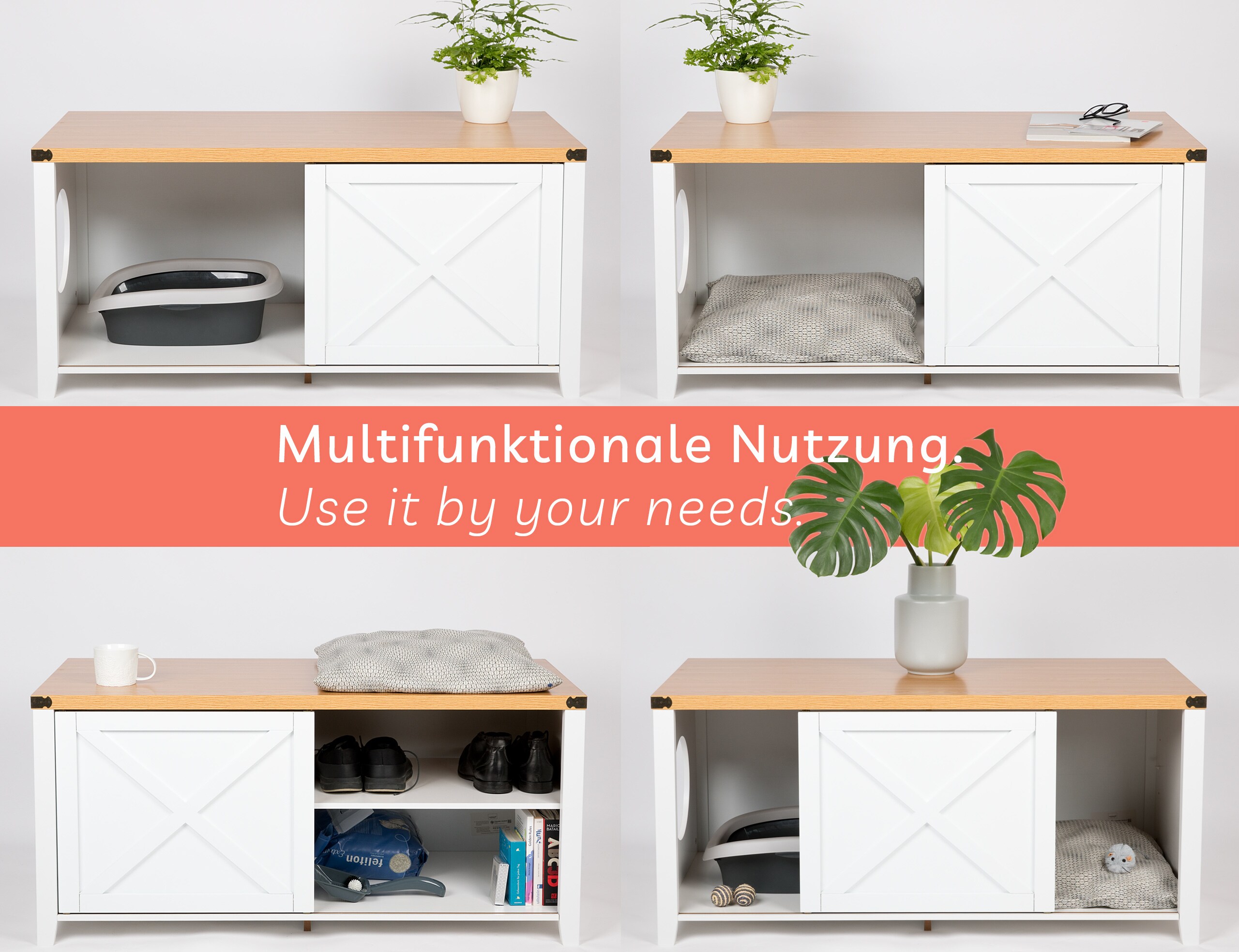 needs&wants® Katzenschrank groß für Katzentoilette XXL aus Holz mit Schuhschrank Sitzkommode, Katzenklo-Schrank Kommode, Design Katzenhaus Toilette Klo, 110 x 50 x 53 cm, weiß braun