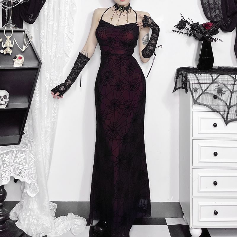 meadowdrop - Halter coltrui met spinnenwebprint en open rug van mesh, maxi-zeemeerminjurk
