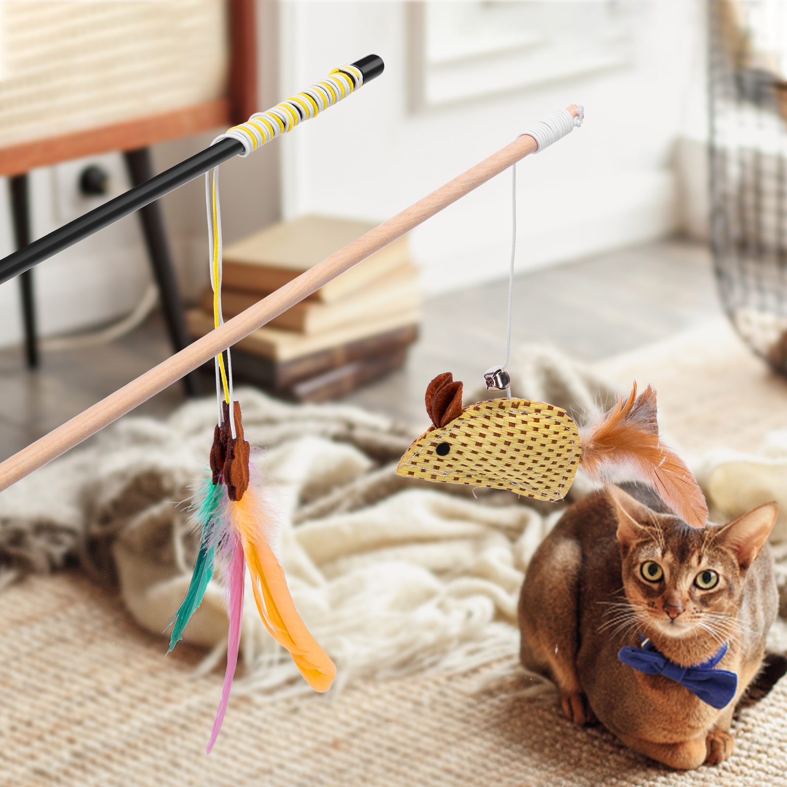 Conjunto de 2 brinquedos para gatos Nobleza: bastão para provocar gatos, brinquedo de penas para gatos, brinquedo interativo de penas para gatos.