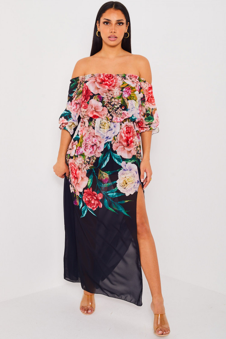 Robe noire longue en voile à fleur