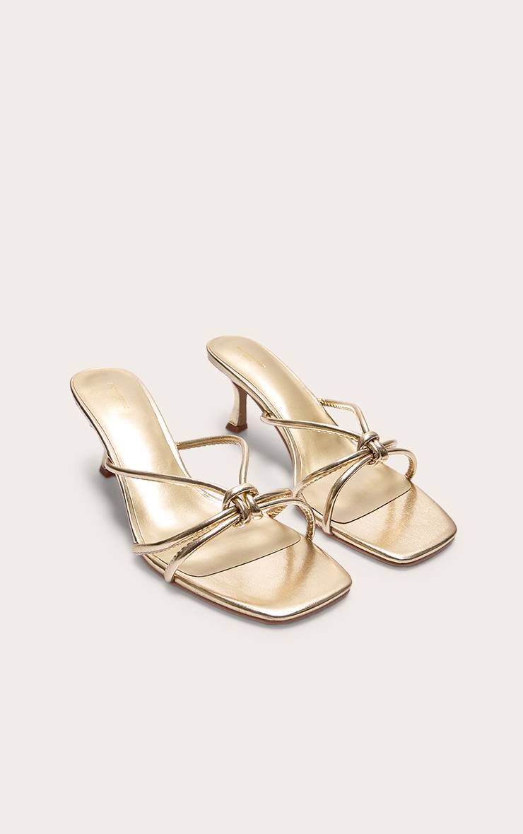 Doré Mules À Talons En Satin À Bout Carré Avec Nœud Coupe Large
