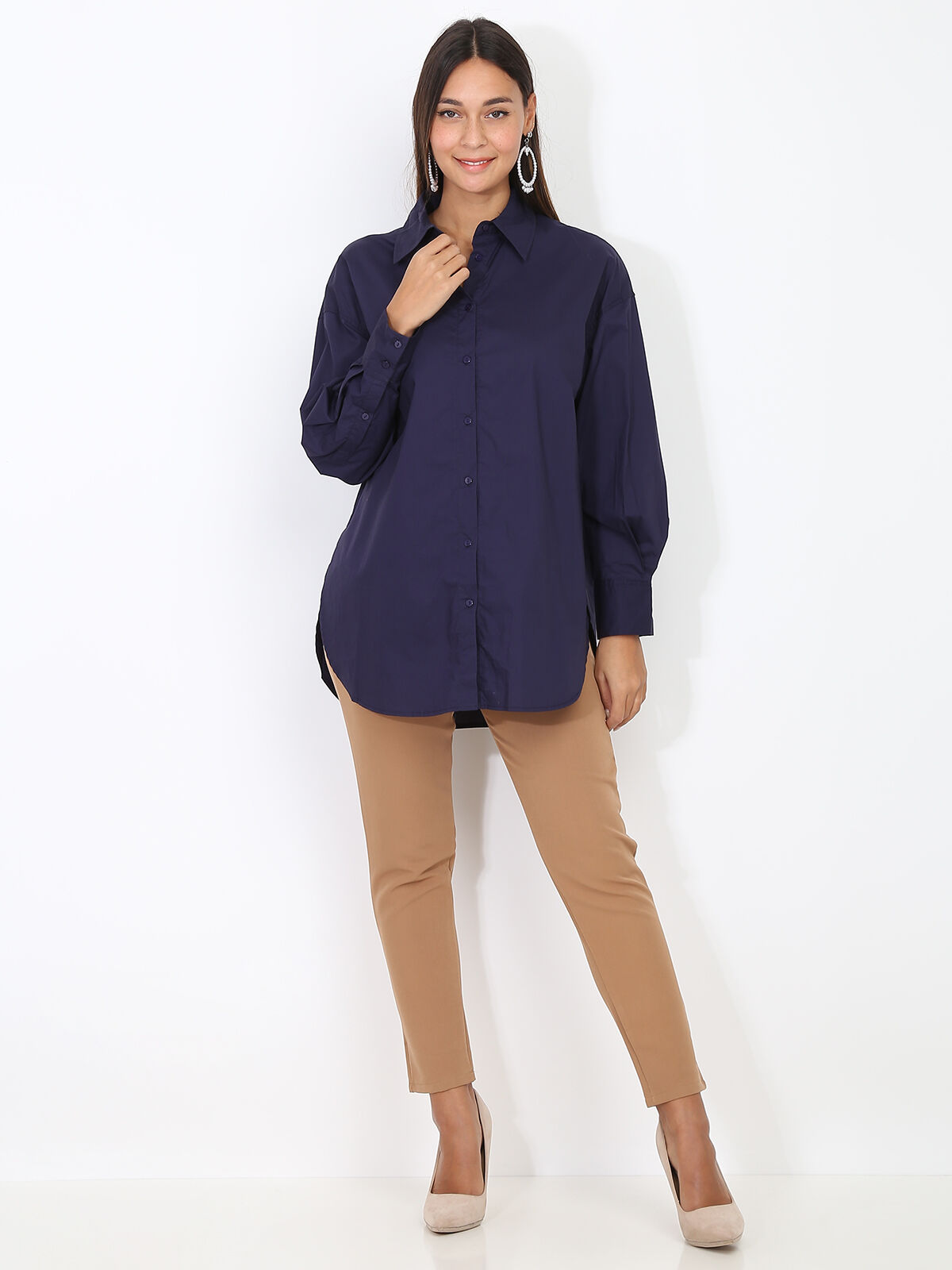 Chemise oversize à fentes- Bleu marine