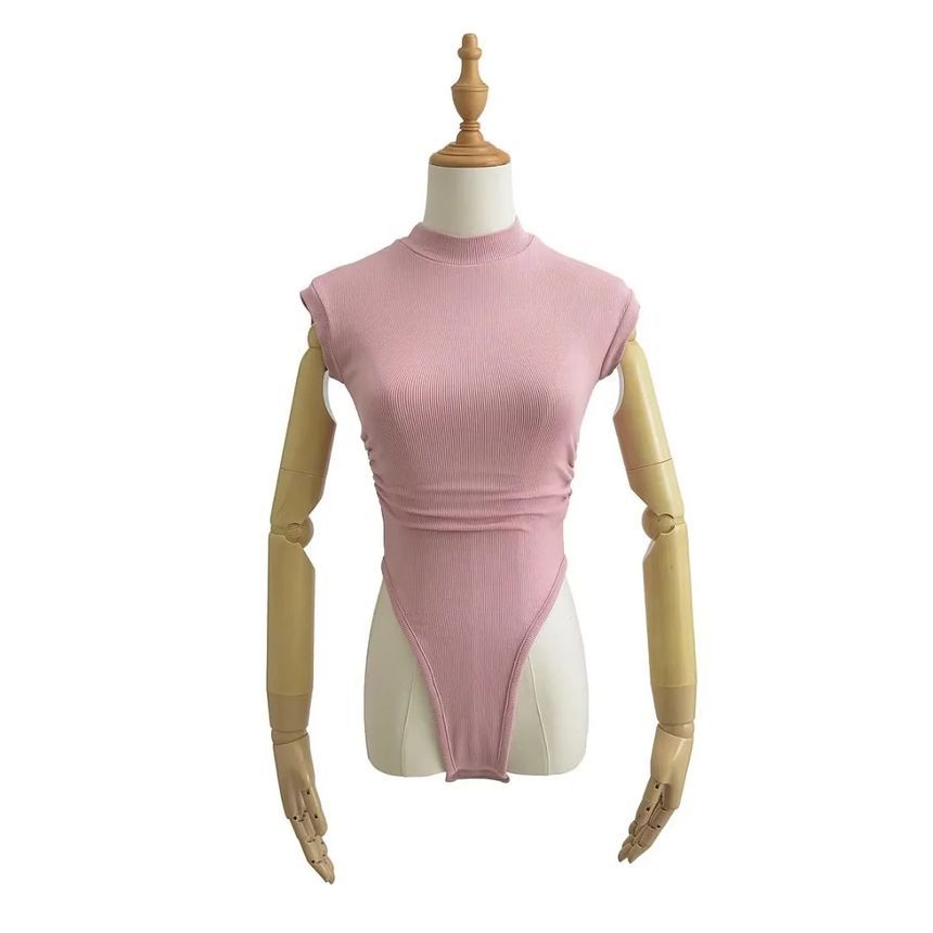 Reknovine - Cap Sleeve Mock Neck Plain Gerimpelde Bodysuit Top