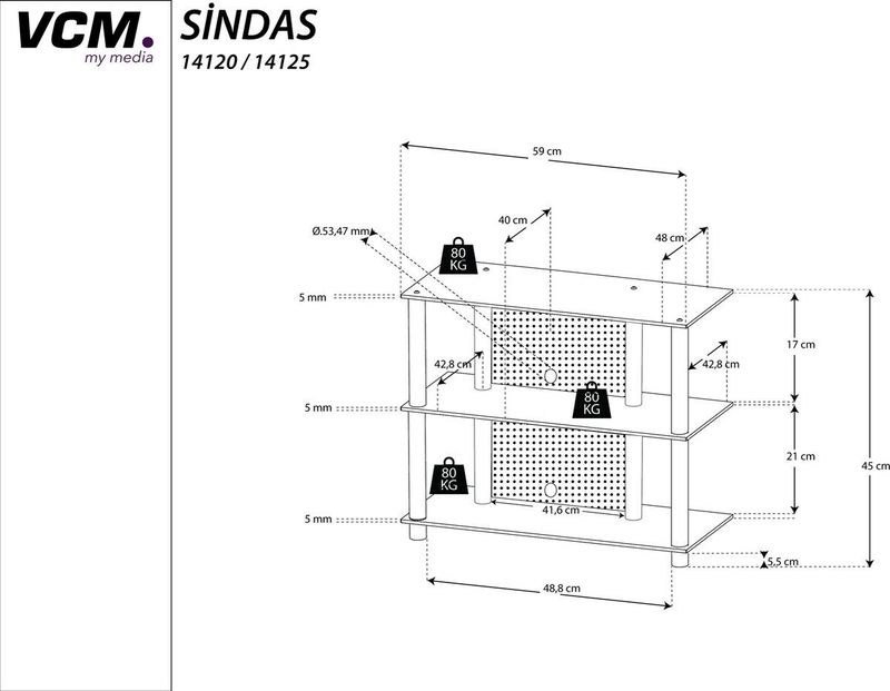 VCM - Sindas - TV Meubel - Aluminium - Glas - 3 Planken