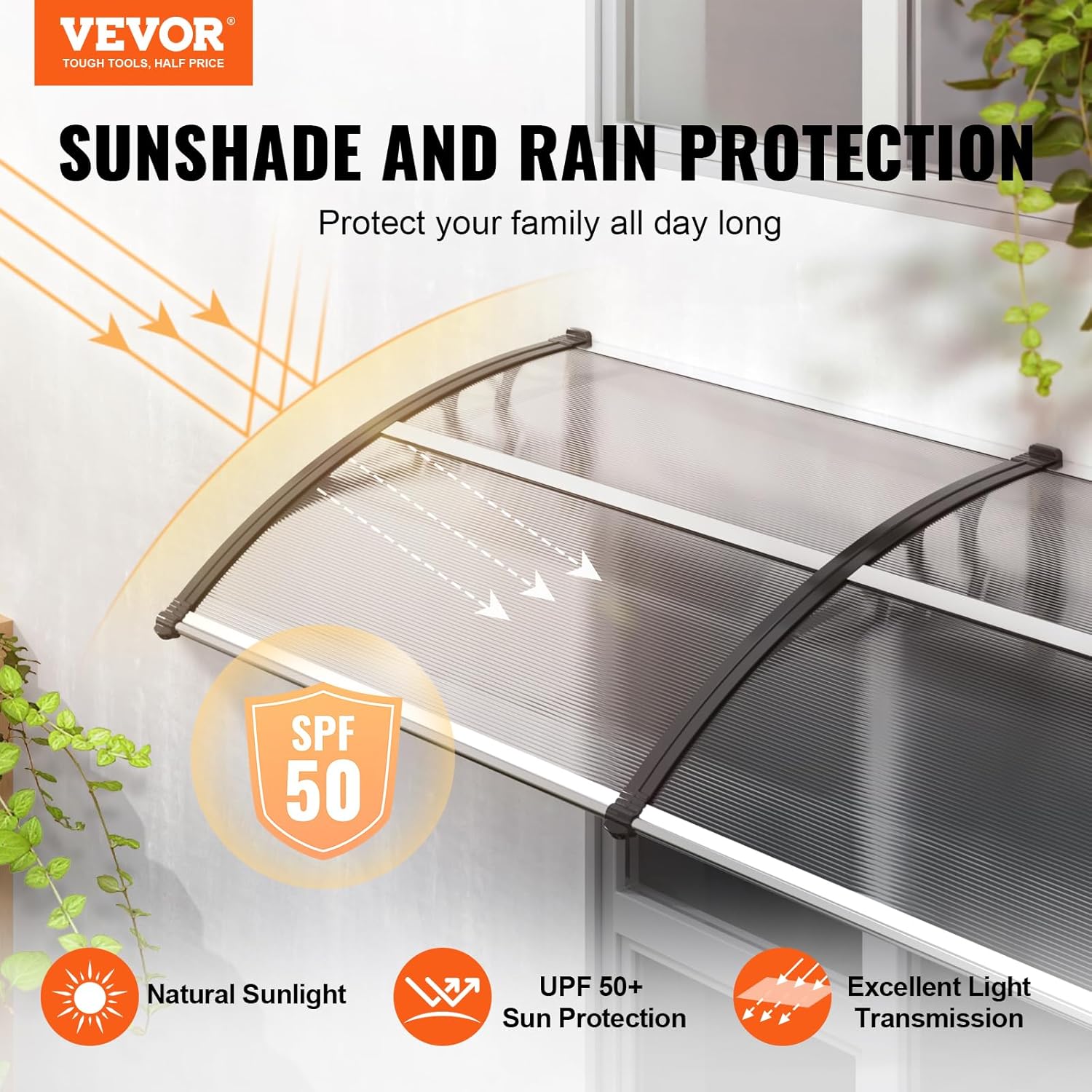 VEVOR Vordach Haustür 965 x 2975 mm Überdachung UF50+ PC-Sonnenschutzfolie Haustürvordach PC-Blatt + ABS-Halterung + Aluminium-Verbinder Pultvordach UV-beständig Haustürdach Pultbogenvordach
