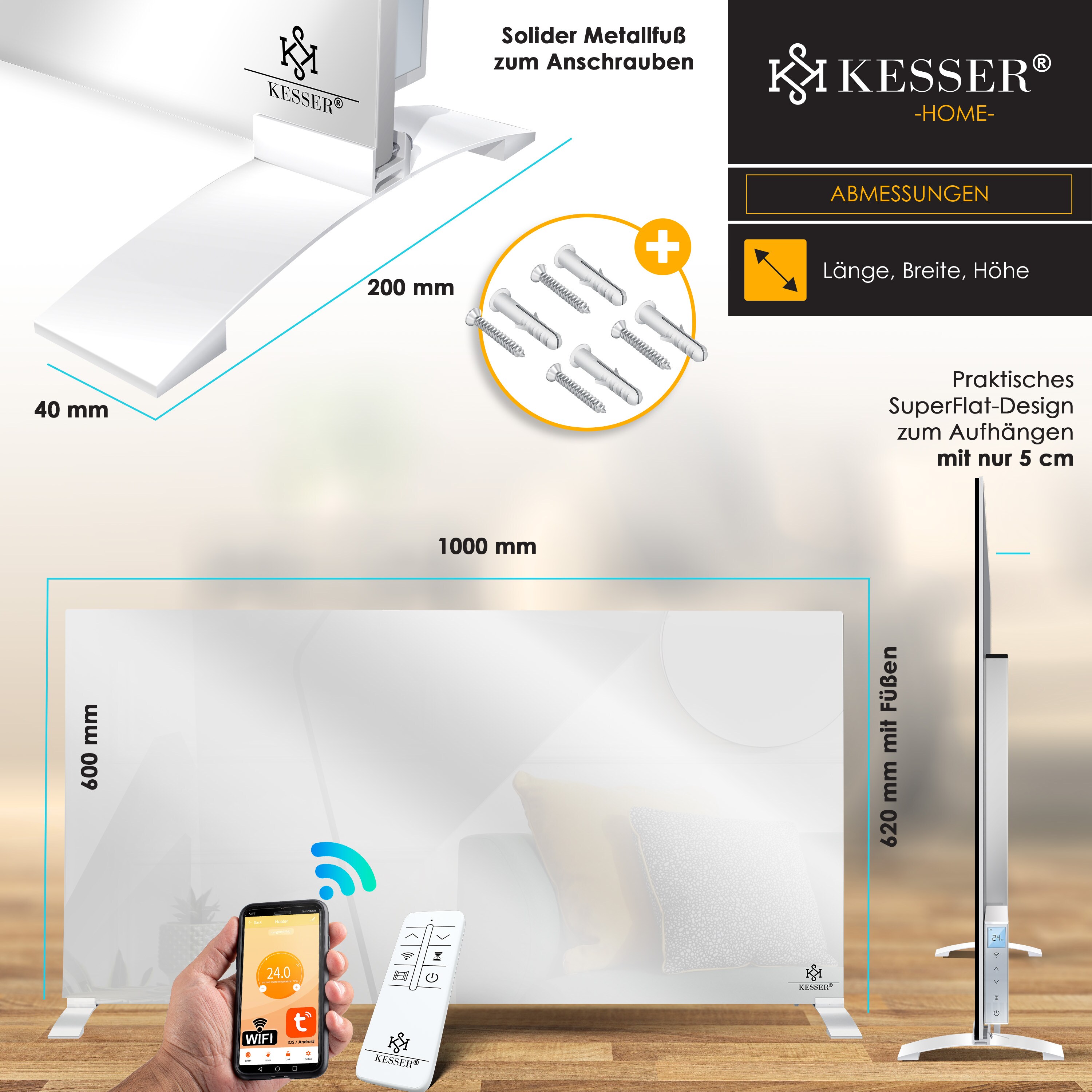 KESSER® Infrarotheizung Spiegelheizung Energiesparend 2in1 Standgerät & Wandmontage Elektroheizung mit Erkennung Offener Fenster + Fernbedienung & App-Steuerung Thermostat Infrarot Heizpaneel
