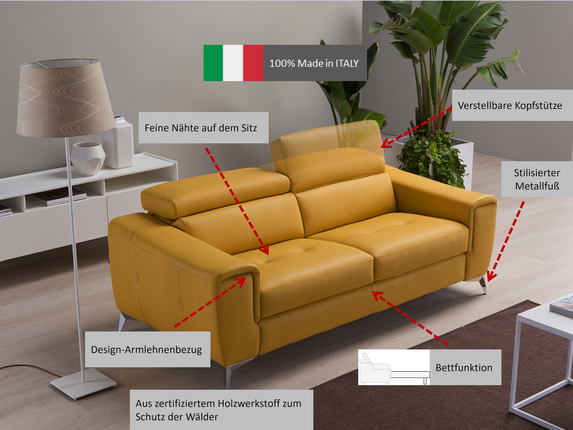 Egoitaliano Schlafsofa »Francine Designsofa, Loungesofa mit Dauerschlaffunktion, Breite 233 cm« mit Bettfunktion, Leder BULL, stone, Fussfarbe chrom