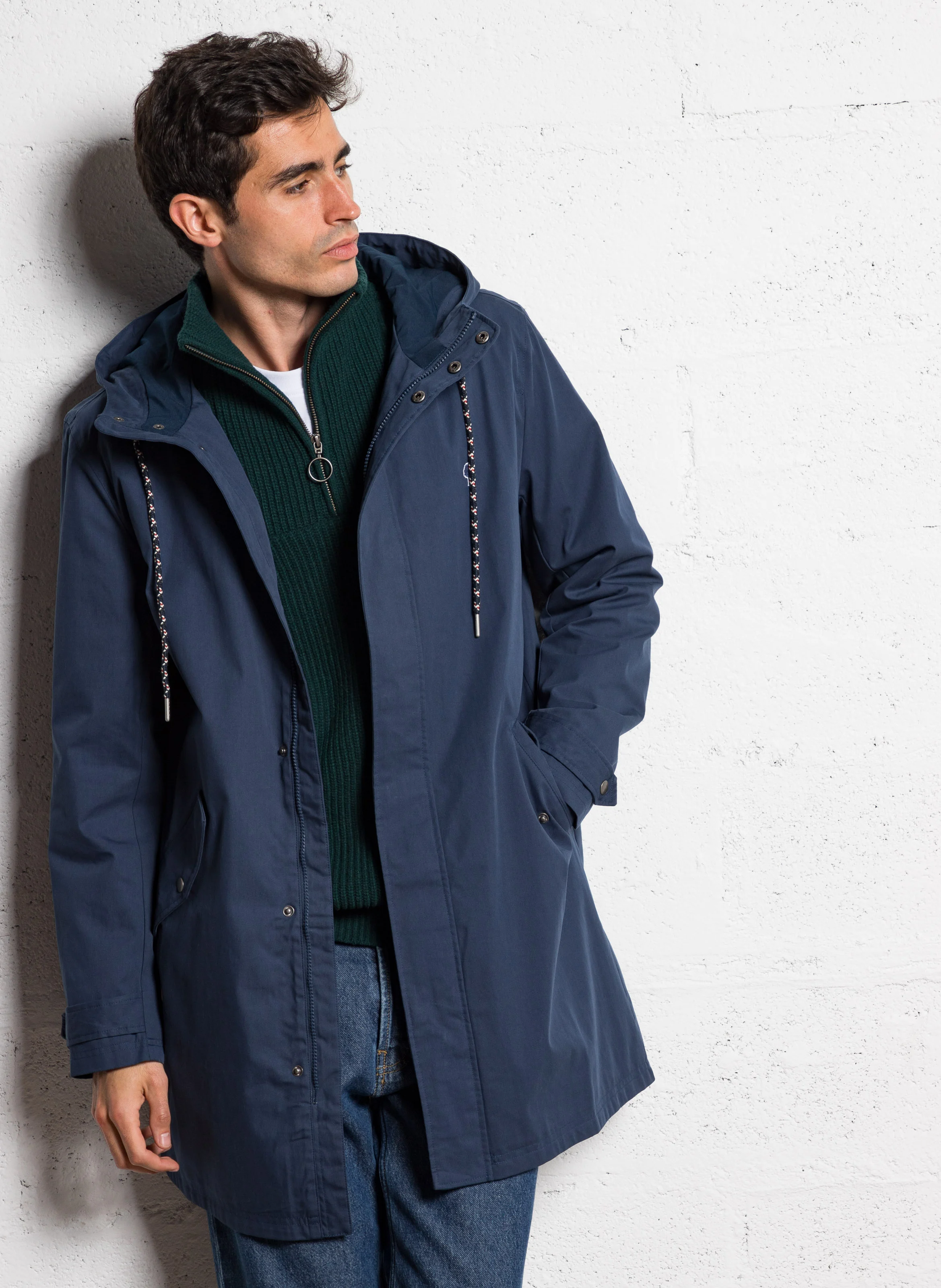 GRESIGNE - Imperméable droit col montant en coton mélngé | Bleu