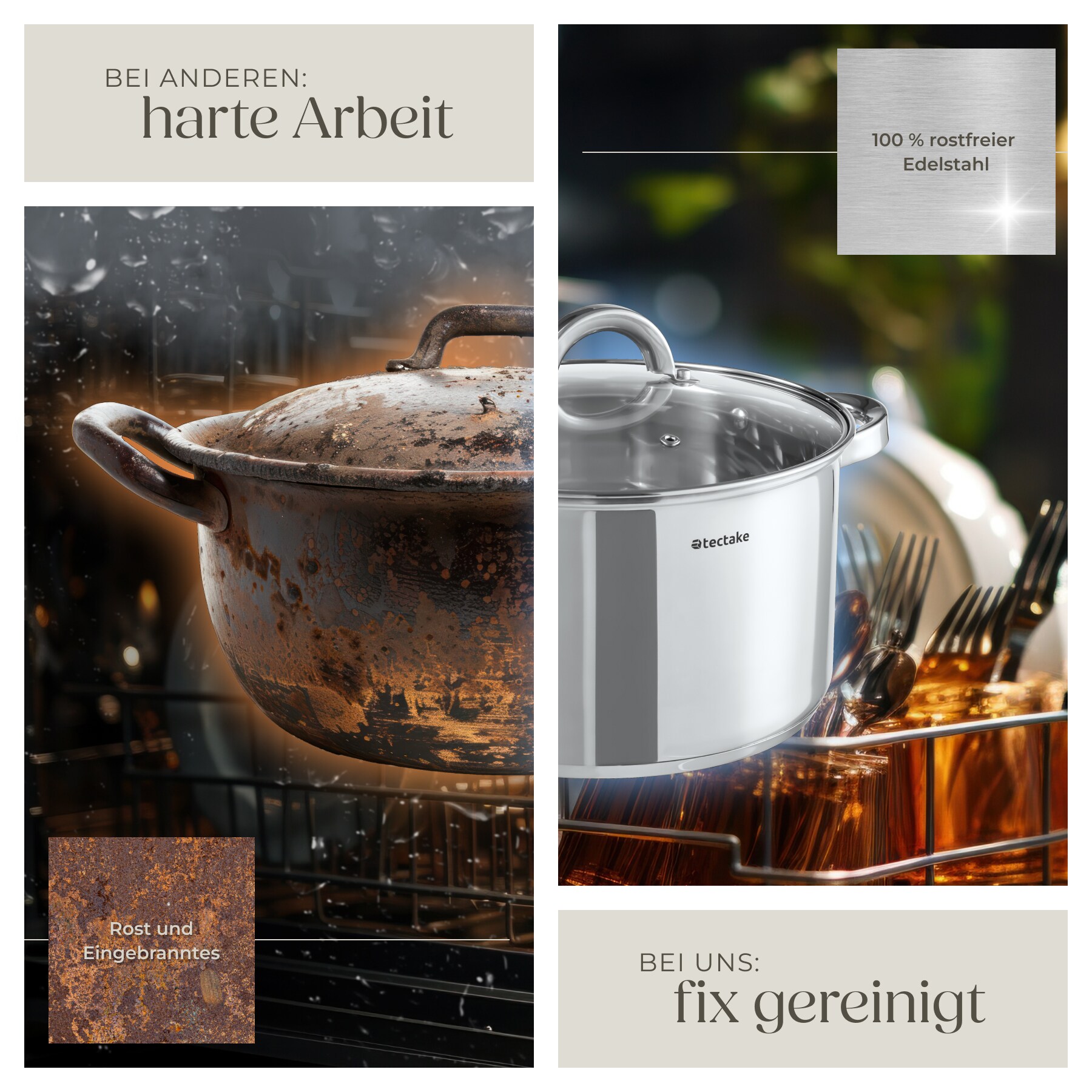 tectake® Kochtopfset, 15-teilig, aus Edelstahl, für Induktion geeignet, Glasdeckel mit Dampfabzug, integrierte Messskala in den Töpfen