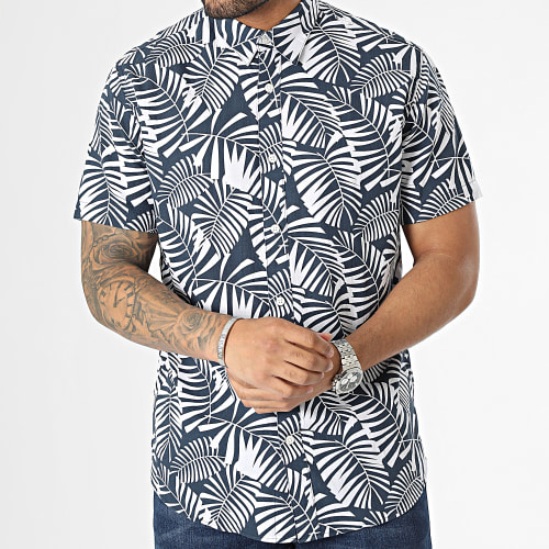 Chemise Manches Courtes Regular New-Linen Bleu Marine Blanc Floral