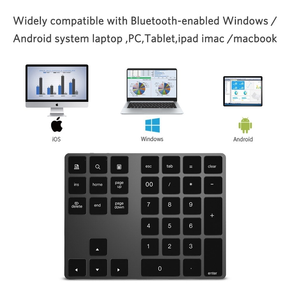 Aluminium Bluetooth Tastatur Keypad Zahlenblock 34-Tasten (Windows/iOS/Android) - Schwarz