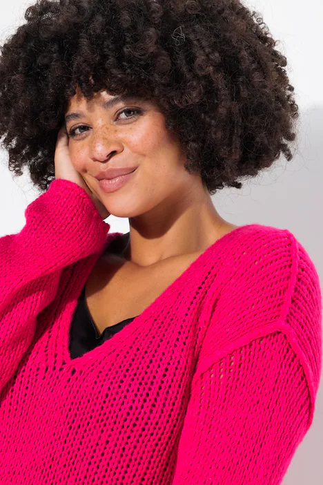 Pullover, oversized, Ballonärmel, V-Ausschnitt., neon berry