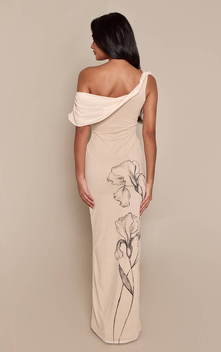 Crème Robe Longue Asymétrique Drapée À Imprimé Floral
