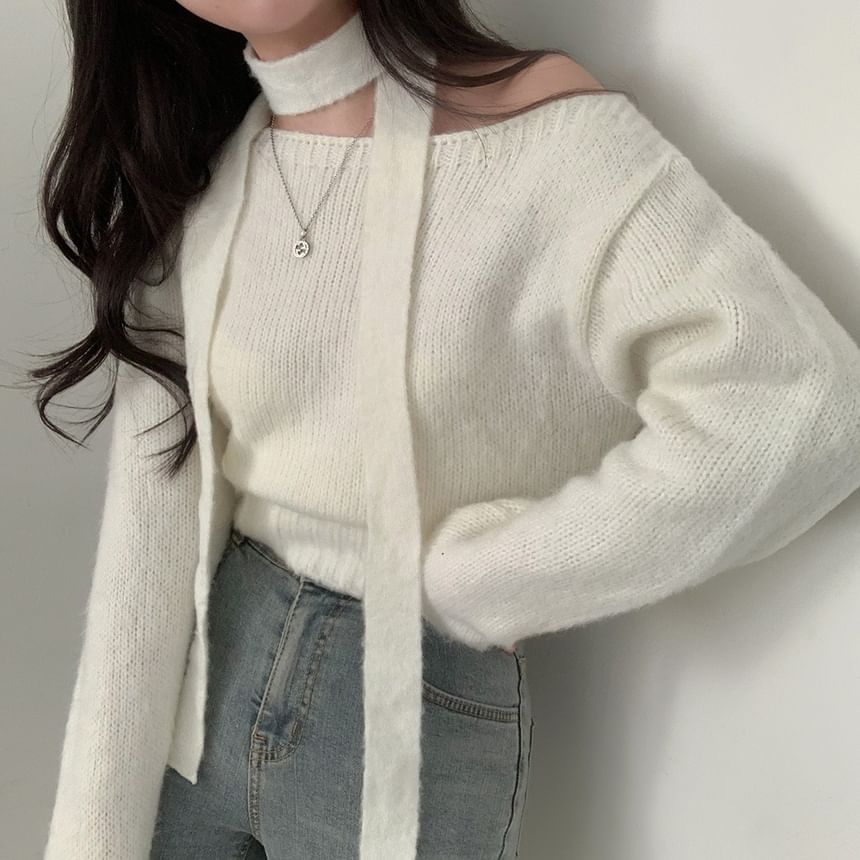 Rosesand - Lange mouwen, blote schouders, effen crop top met sjaal