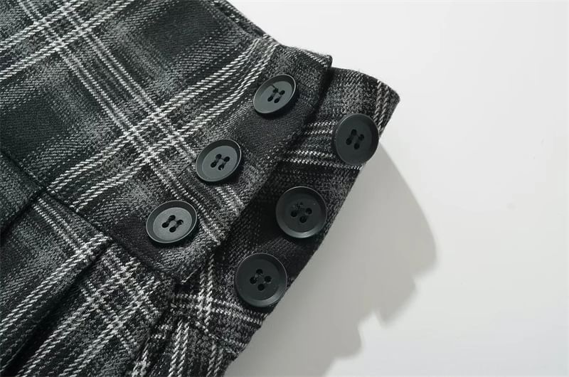 Bazer - Laag uitgesneden geruite geplooide mini-A-lijn rok met knopen