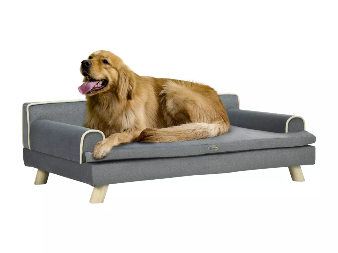 Canapé chien lit pour chien design scandinave coussin moelleux piètement bois dim. 100L x 62l x 32H cm polyester gris