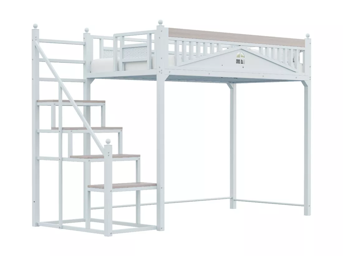 Lit mezzanine 90 x 200 cm avec escalier - Métal + Contreplaqué + MDF - Sommier à lattes - Blanc