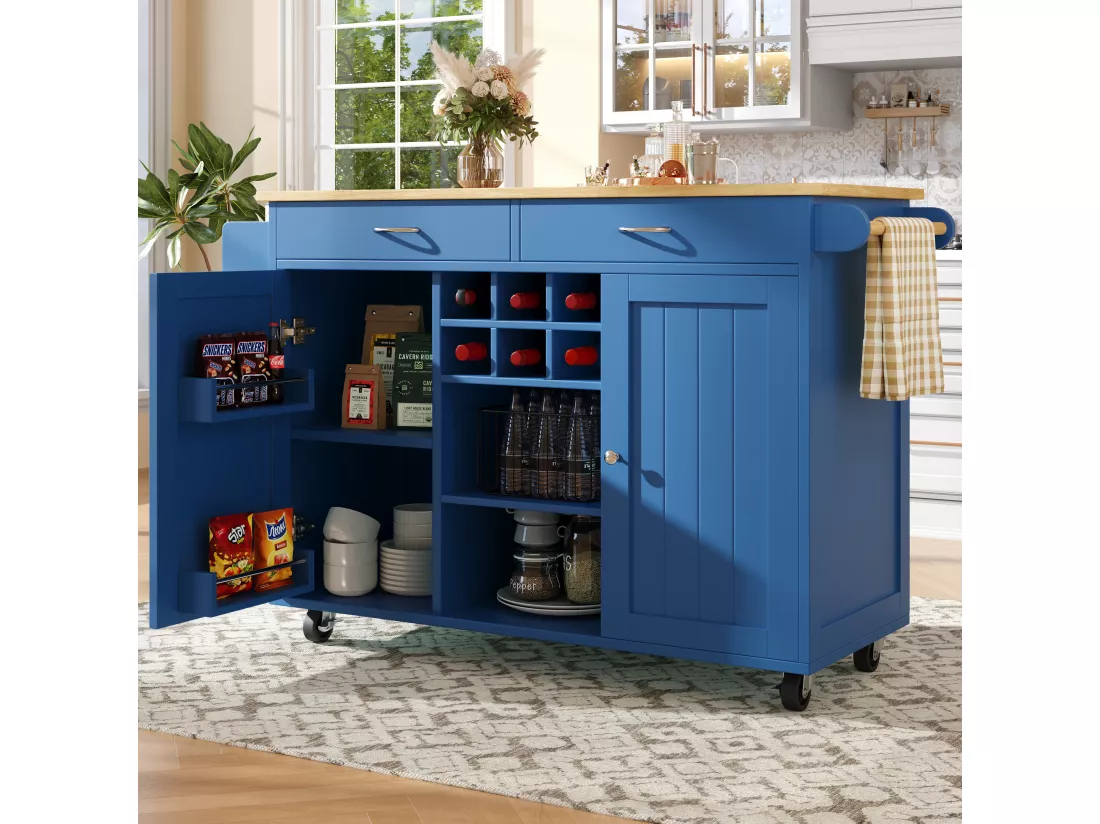 Ilot central de cuisine mobile avec 2 tiroirs, 2 portes et casier à vin 6 bouteuille - 102x45x92cm - MDF et métal - Bleu