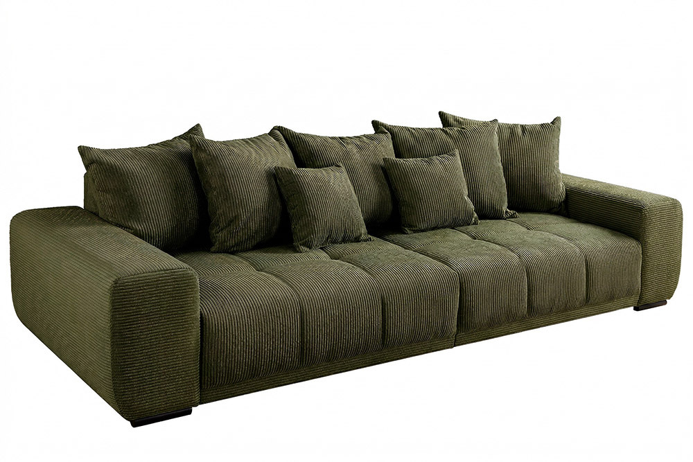 Modernes XXL Sofa ELEGANCIA 285cm grün Cord Federkern inklusive Kissen Bigsofa