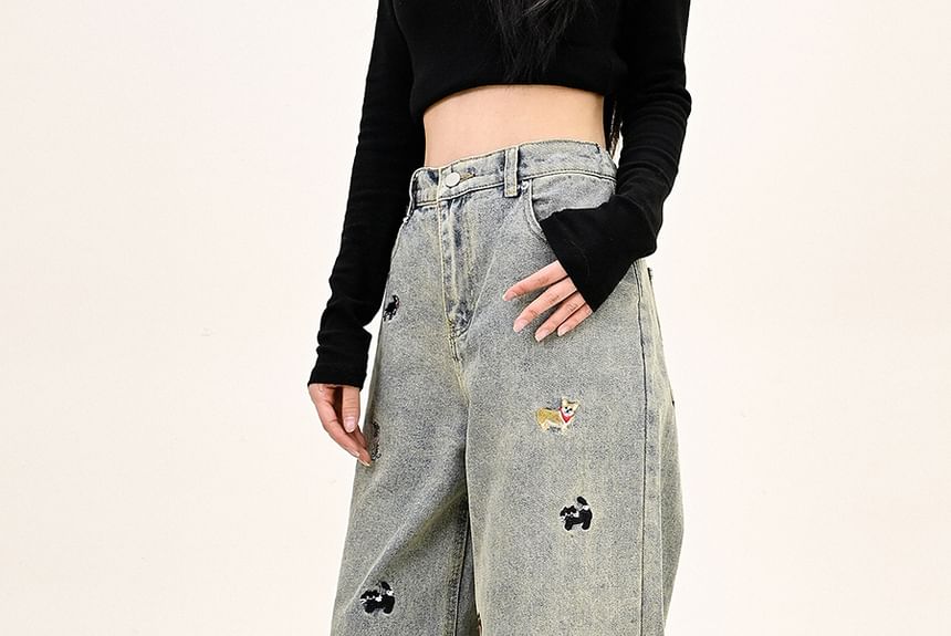Moon City - High Rise Dog geborduurde gewassen wijde jeans