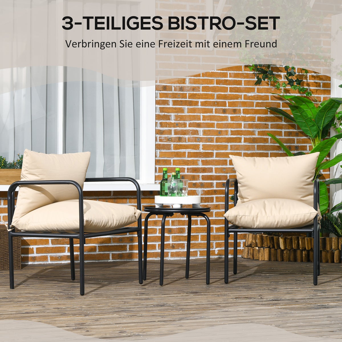 Outsunny 3-delige tuinmeubelset, bistroset met 2 stoelen, 1 salontafel, voor balkon, terras, 58L x 58B x 66H cm, staal, beige