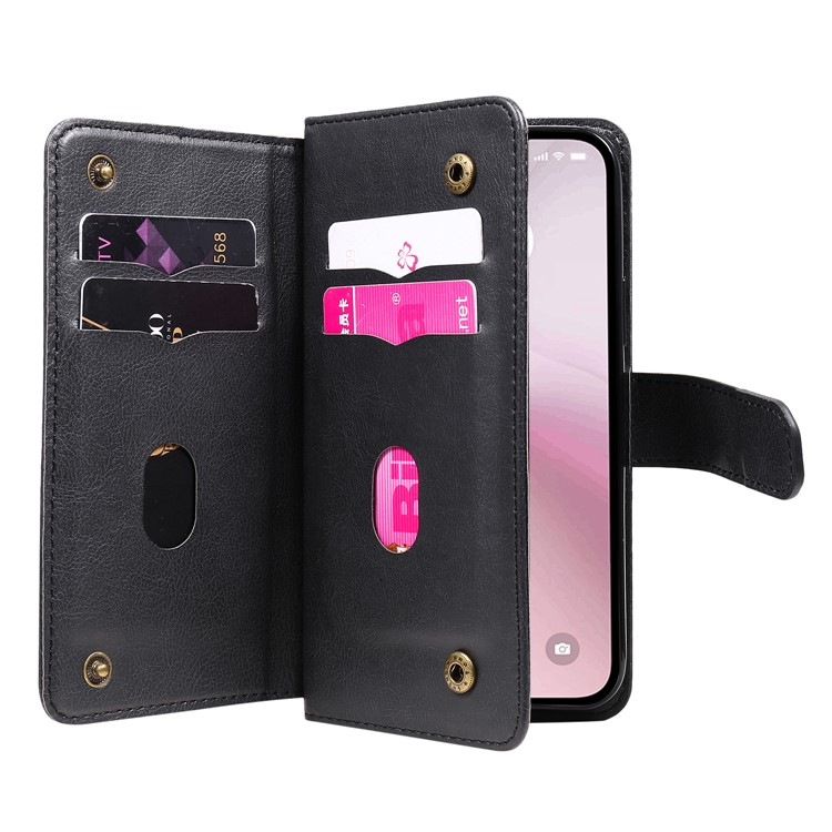 iPhone 16e Leder Tasche Flip Cover Kartenfächer mit Druckknopfverschluss - Schwarz