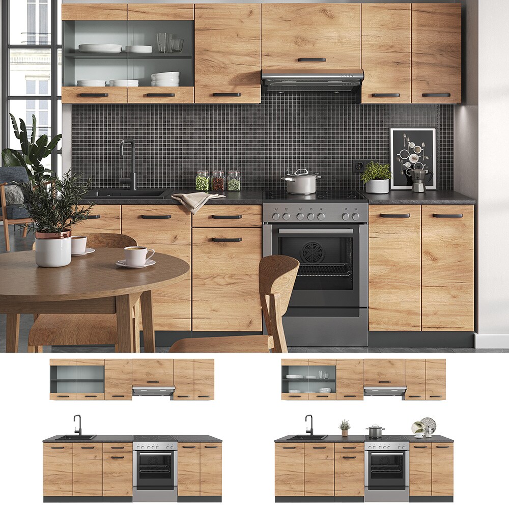 Vicco Küchenzeile Küchenblock Einbauküche Raul Anthrazit Eiche 240 cm modern Küchen Schränke Spülenunterschrank Unterschrank Hängeschrank Arbeitsplatte Küchenmöbel