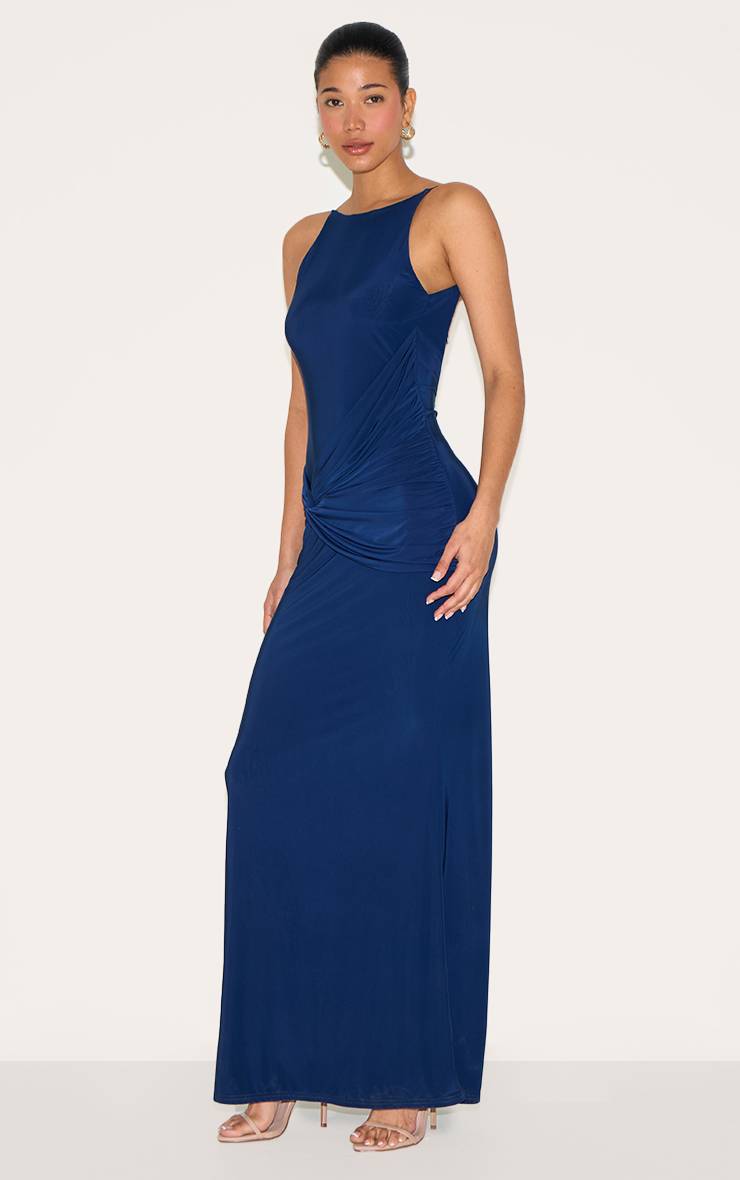 Bleu Marine Robe Longue Dos Nu À Double Couche En Tissu Fluide Avec Col Licou Et Détail Torsadé Devant