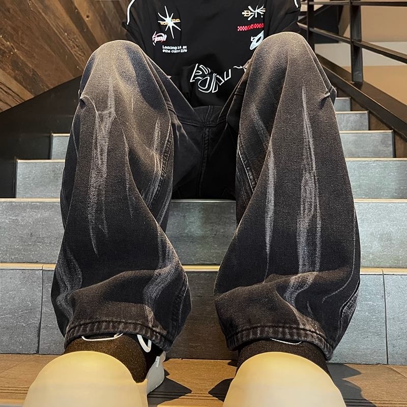 emeisa - High Waist Washed Tie Dye Wide Leg Jeans