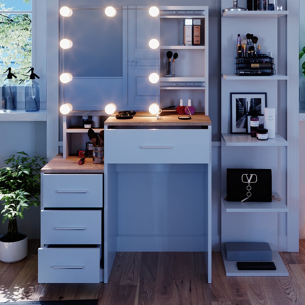 Vicco Schminktisch Frisiertisch Kosmetiktisch Conrada Weiß Sonoma Schminkspiegel 80x132 modern LED Beleuchtung Schlafzimmerkommode Schminkkommode Schublade Spiegelschrank Frisierkommode Make-Up-Tisch