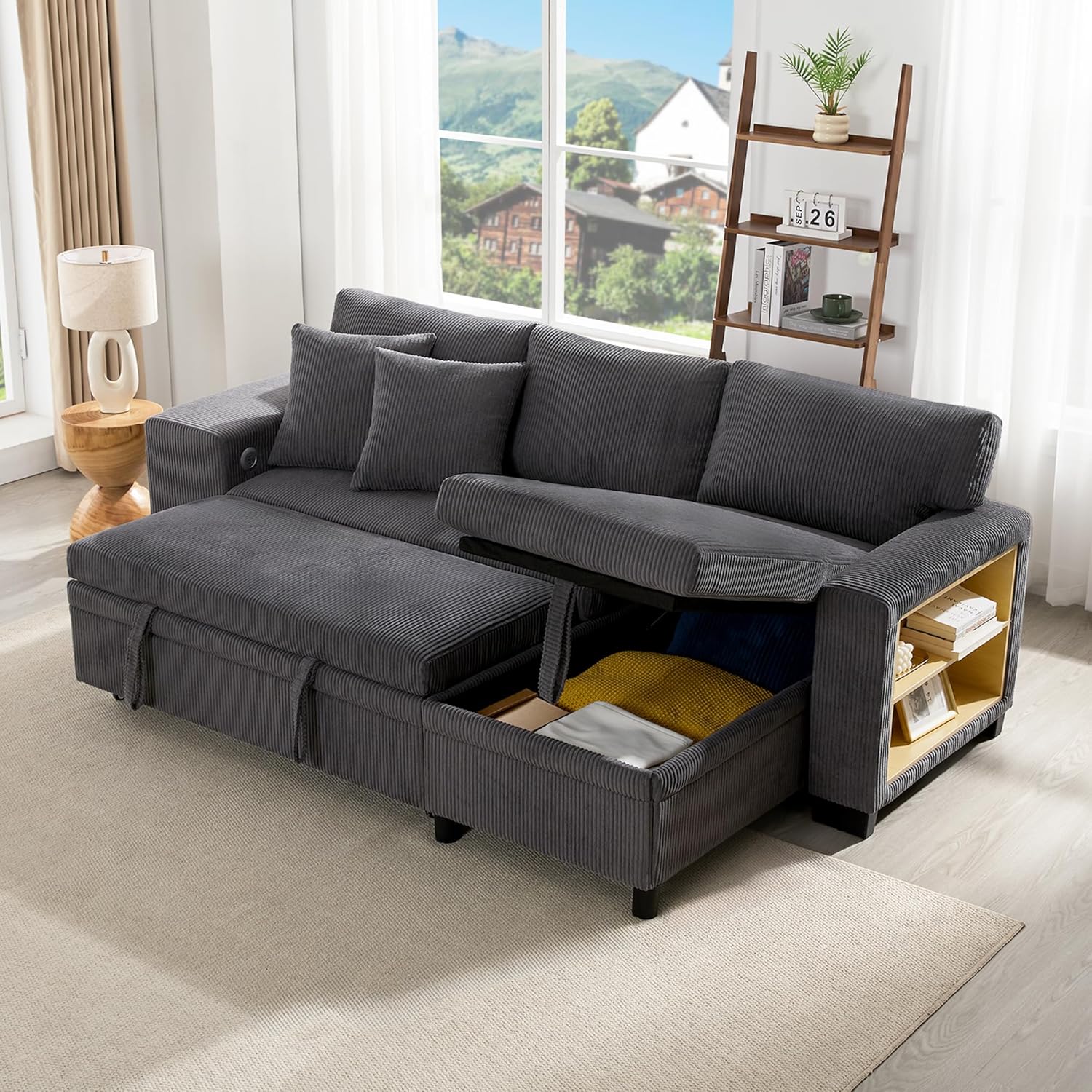 Klappsofa mit Schlaffunktion, L-förmiges umbaubares Ecksofa mit USB-Ladeanschluss und Kissen, 3-Sitzer-Umbausofa mit Seitenablagen und Stauraum (Grau)