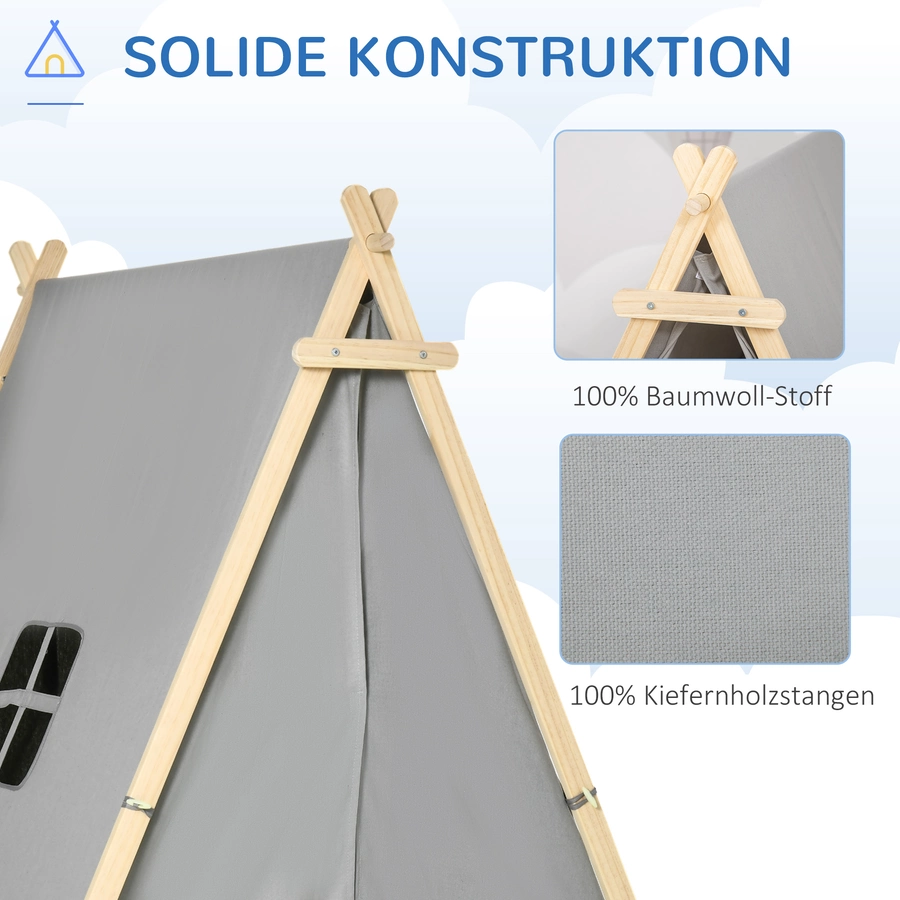 HOMCOM Kinder Tipi Zelt mit Kissen, Bodenmatte und Aufbewahrungstasche grau