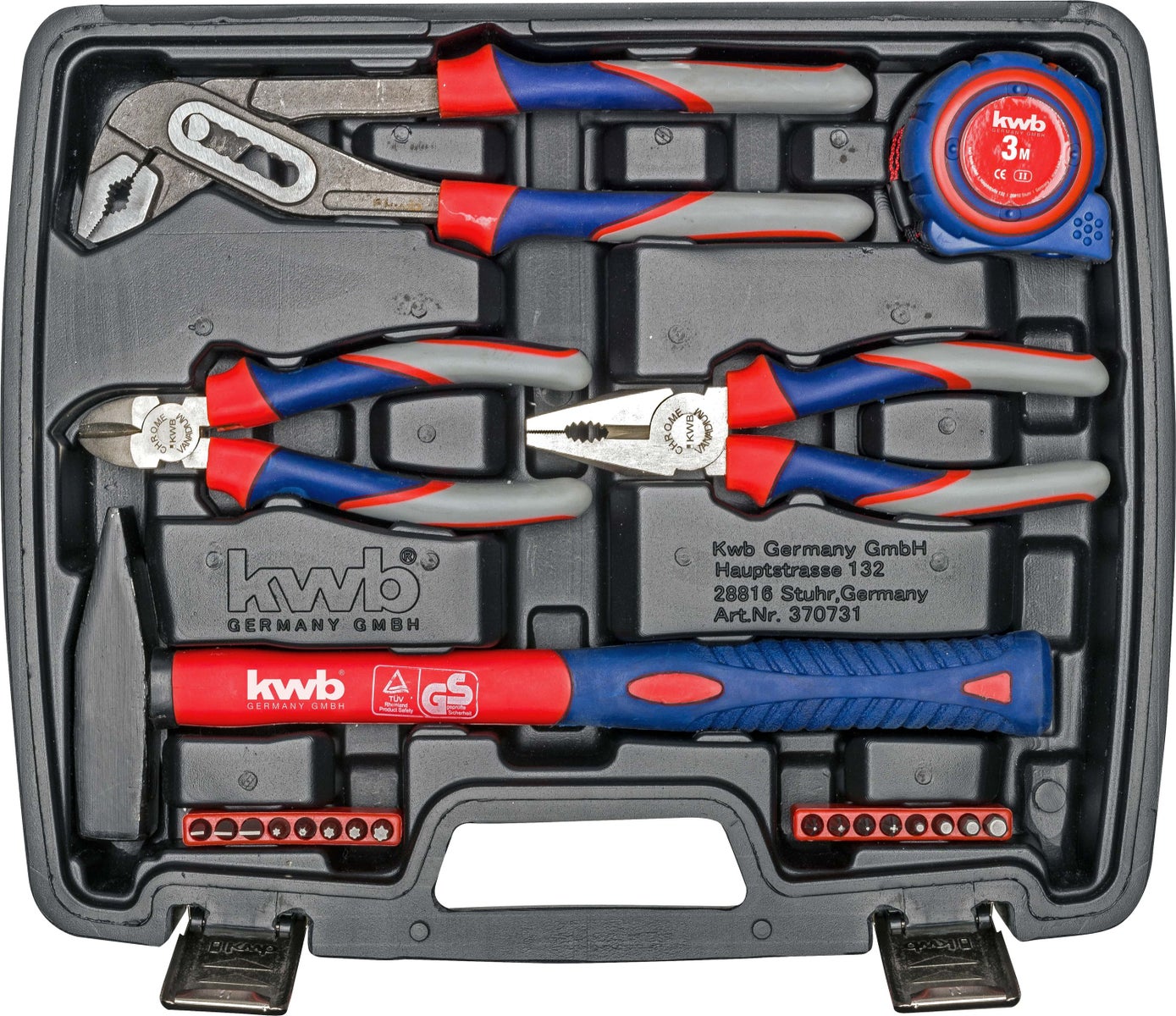 kwb gereedschapskoffer inclusief schroevendraaierbits, 42-delig, gevuld, robuust en hoogwaardig, ideaal voor thuis of in de garage, GS-gecertificeerd, in praktische kunststof koffer, rood, blauw, grijs