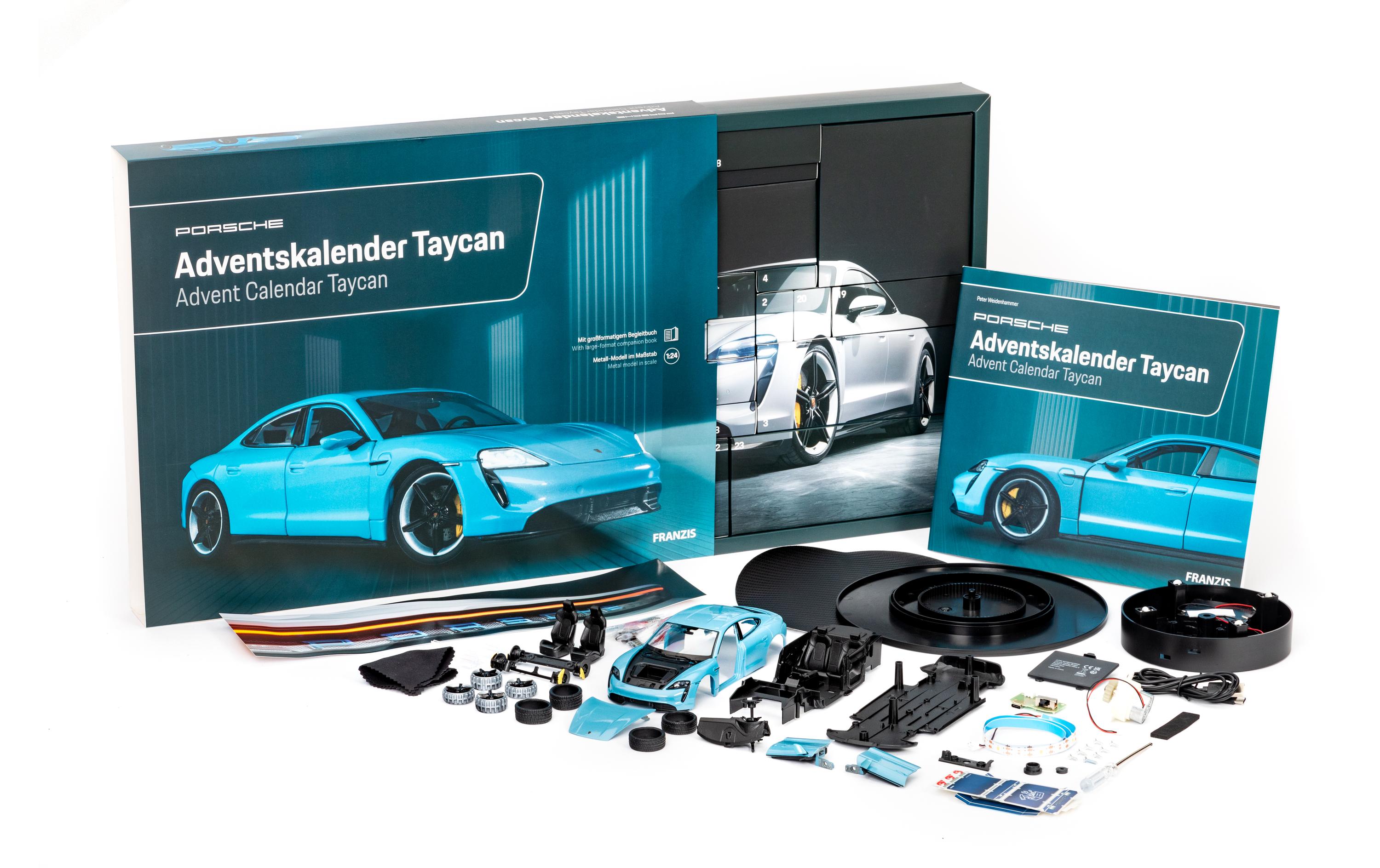 Adventskalender Porsche Taycan 1:24, Deutsch/Englisch<br>Auto Modellbausatz Adventskalender