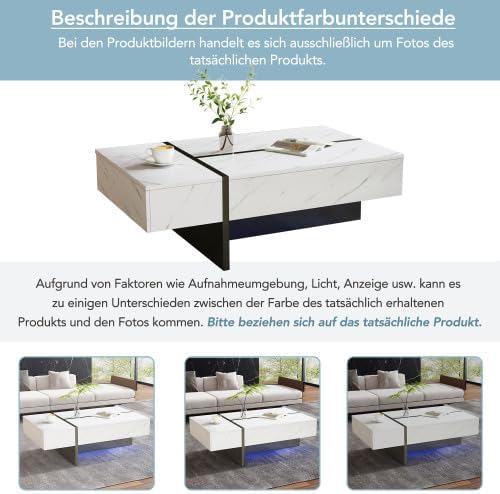 Merax Couchtisch Weiß mit LED-Lichtstreifen, Hochglanz-Oberfläche und 3 Schubladen – Moderner Sofatisch für Wohnzimmer, Teetisch, Kaffeetisch, Beistelltisch mit Marmor-Muster und App-Steuerung