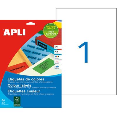 Apli Agipa - 20 Étiquettes jaunes - adhésif permanent - A4 (210 x 297 mm) - coins droits - réf 1599