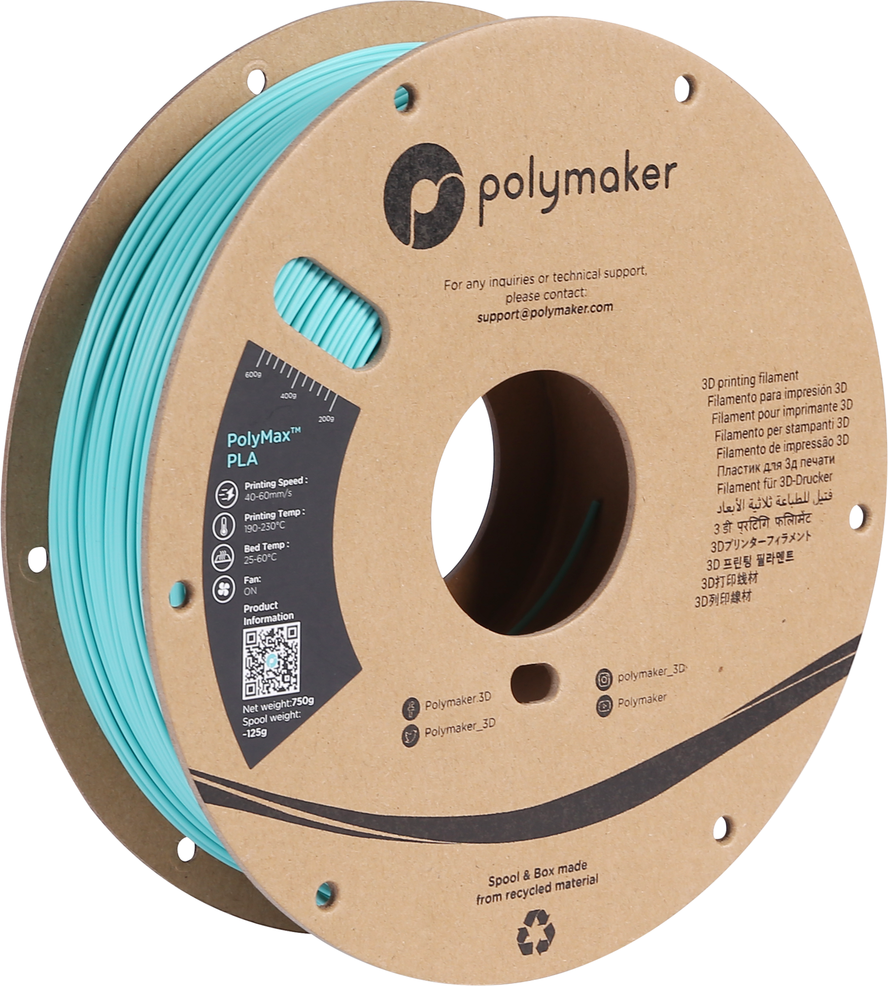 Polymaker  PolyMax PLA Türkis, 1,75 mm (750 g)    Das türkise Filament mit 9-fach höherer Belastbarkeit als herkömmliches PLA