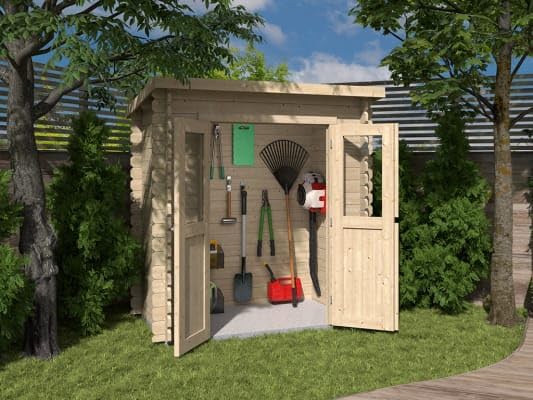 Holz Gerätehaus Mini 1 B | Wandstärke 28 mm | Blockbohlenbauweise | Naturbelassen | Pultdach | BxTxH: 230 x 127,5 x 204,4 cm | Inkl. Doppelflügeltür + Einflügeltür mit Echtglas | Ohne Fußboden