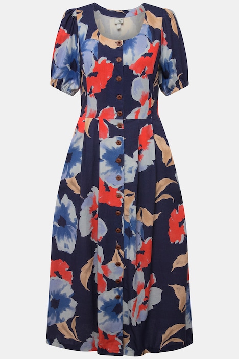 Kleid, Leinenmix, Knopfleiste, Rundhals, Halbarm