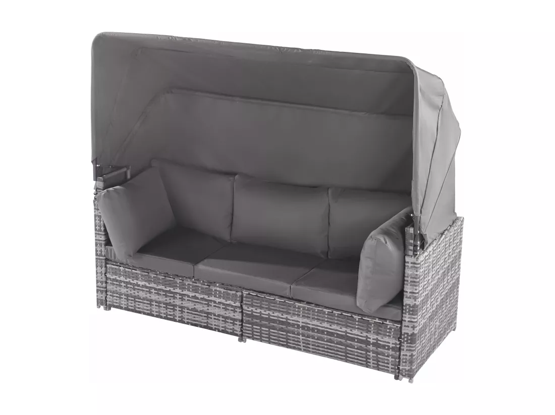 Salon de jardin en résine tressée: canapé 3 places avec toit pliable + 2 fauteuils + 1 pouf + table basse - 13 coussins assise & dossier fournis - Gris