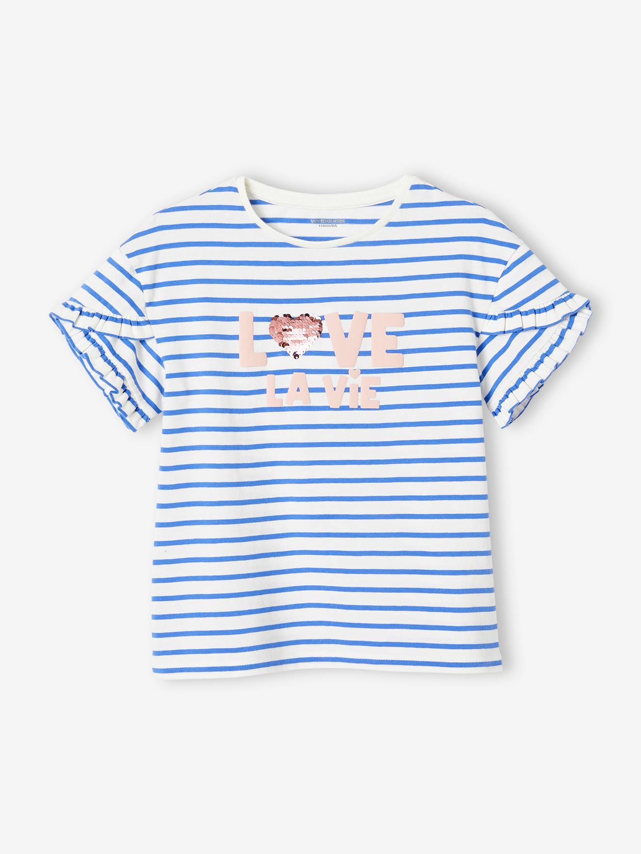 Camiseta listrada com coração e lantejoulas, para meninas, listras azuis.