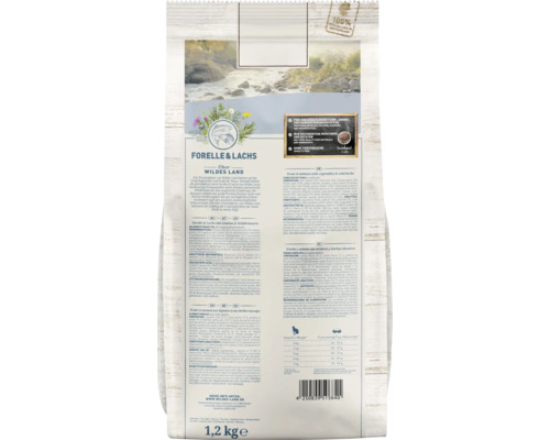 WILDES LAND droogvoer voor katten, forel en zalm, volwassen, met groenten en wilde kruiden, met waardevolle superfoods, graanvrij, glutenvrij, 1,2 kg