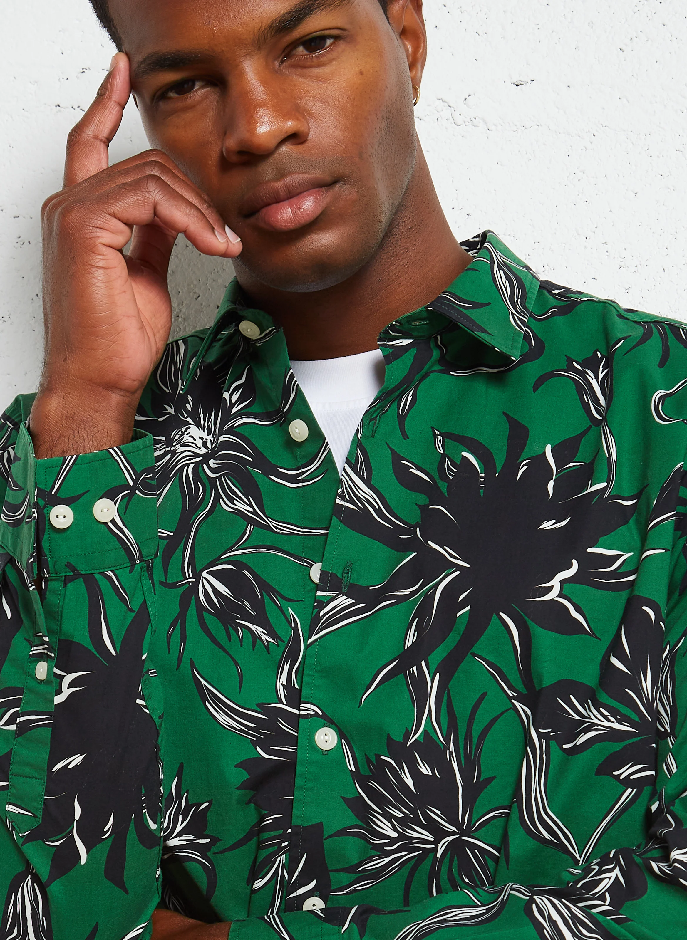 FLOWERS - Chemise col classique à imprimé floral en coton mélangé | Vert